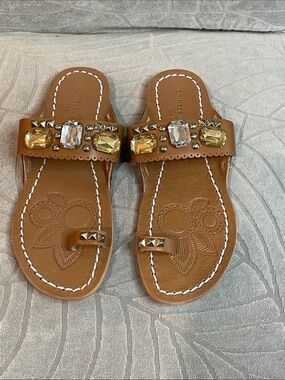 Chinese Laundry Tan Slide Sandals with Gold and Clear Jewel Accents